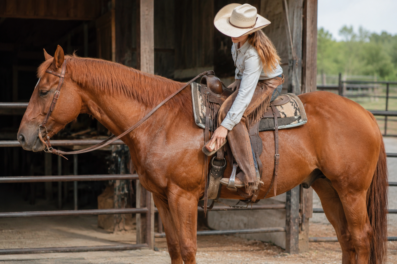 Copper-red sorrel horse being checked after work at a ranch