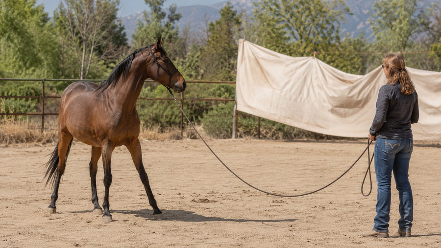 Handler observing an alert horse near an unfamiliar object