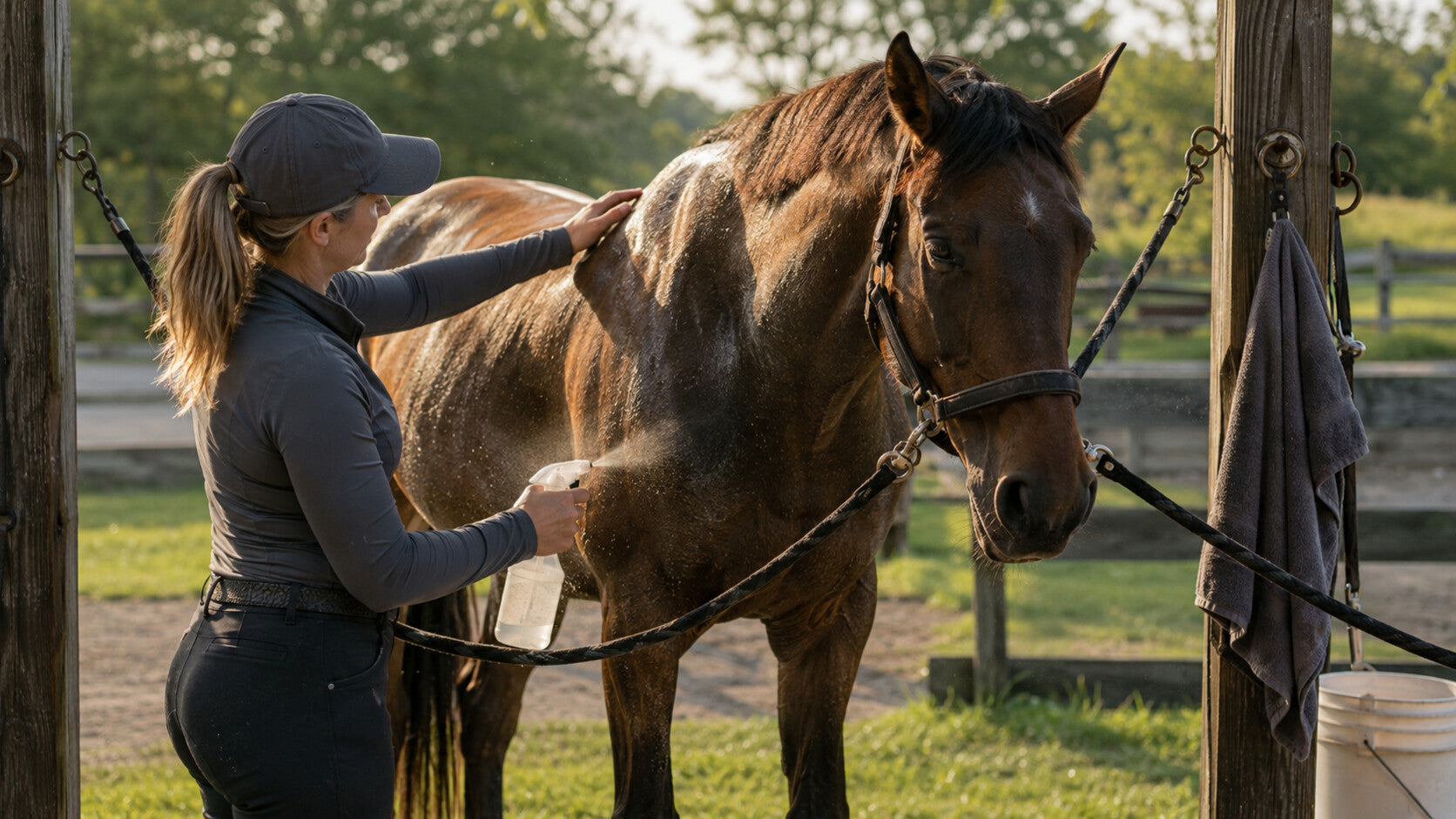 Rider using an unlabeled spray during a post-work horse-care routine