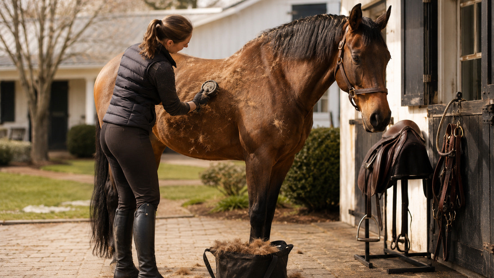 Horse owner grooming a shedding horse during a spring care routine