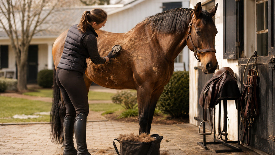 Horse owner grooming a shedding horse during a spring care routine