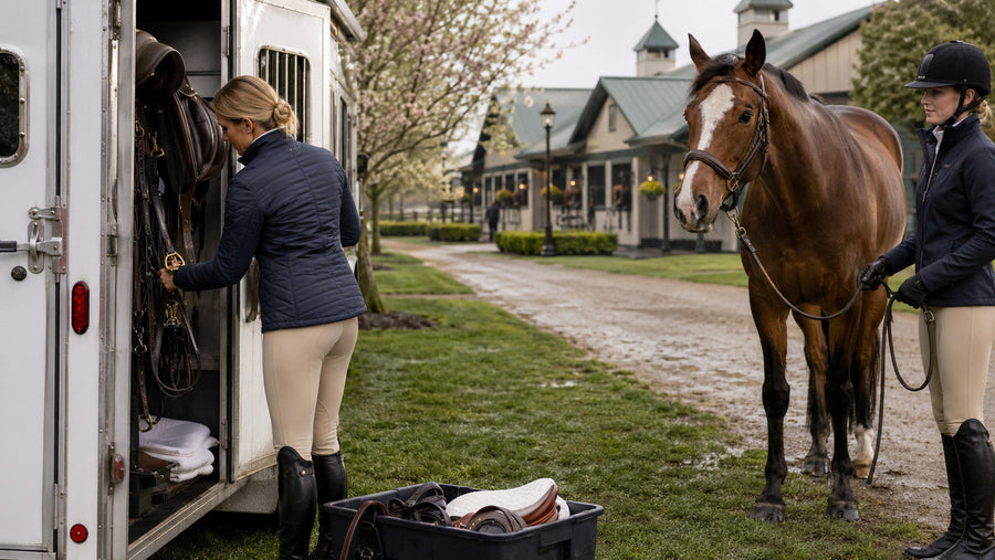Riders organizing tack and a horse after arriving at a spring show
