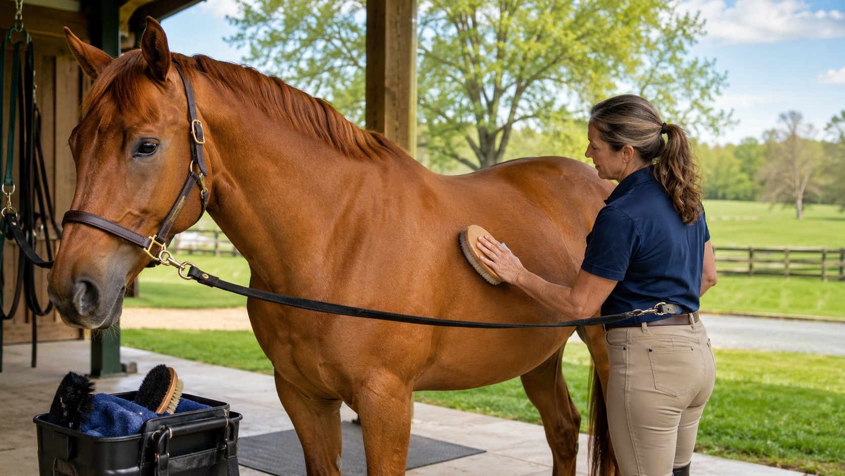 Groom brushing a chestnut horse during a spring coat-care routine