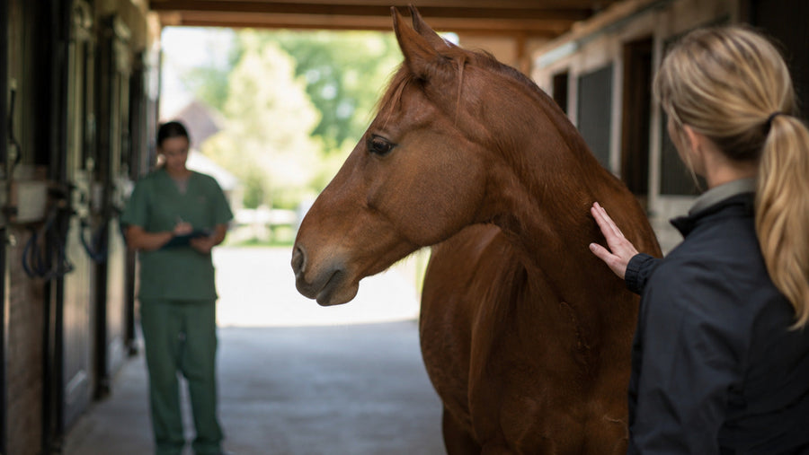 Horse owner gently observing a horse neck after a spring veterinary visit