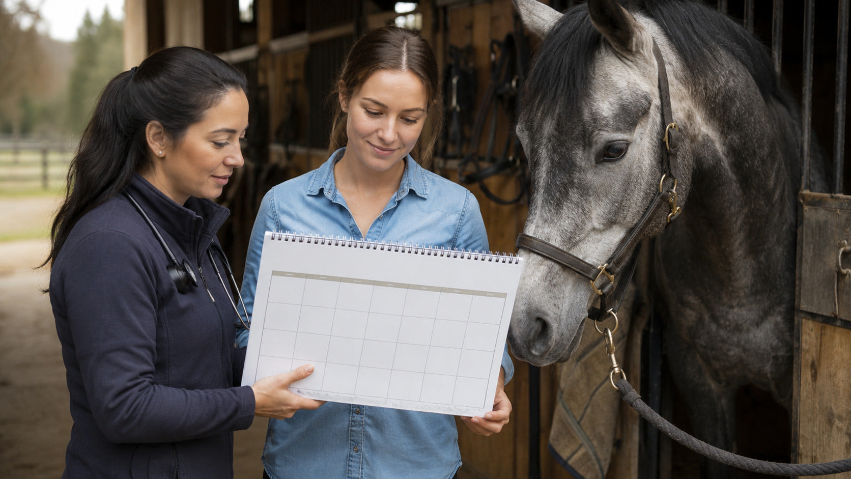 Horse owner and veterinarian reviewing a spring care calendar beside a calm horse
