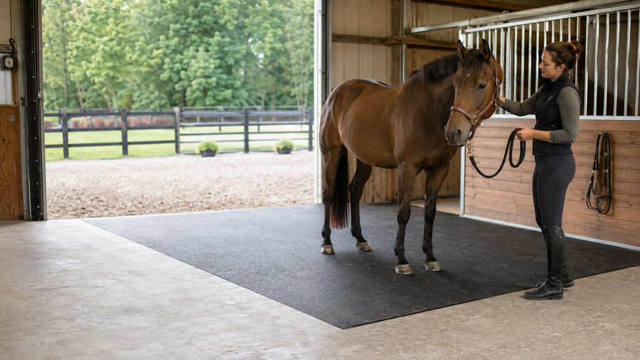 Horse standing on rubber mats beside a concrete barn aisle