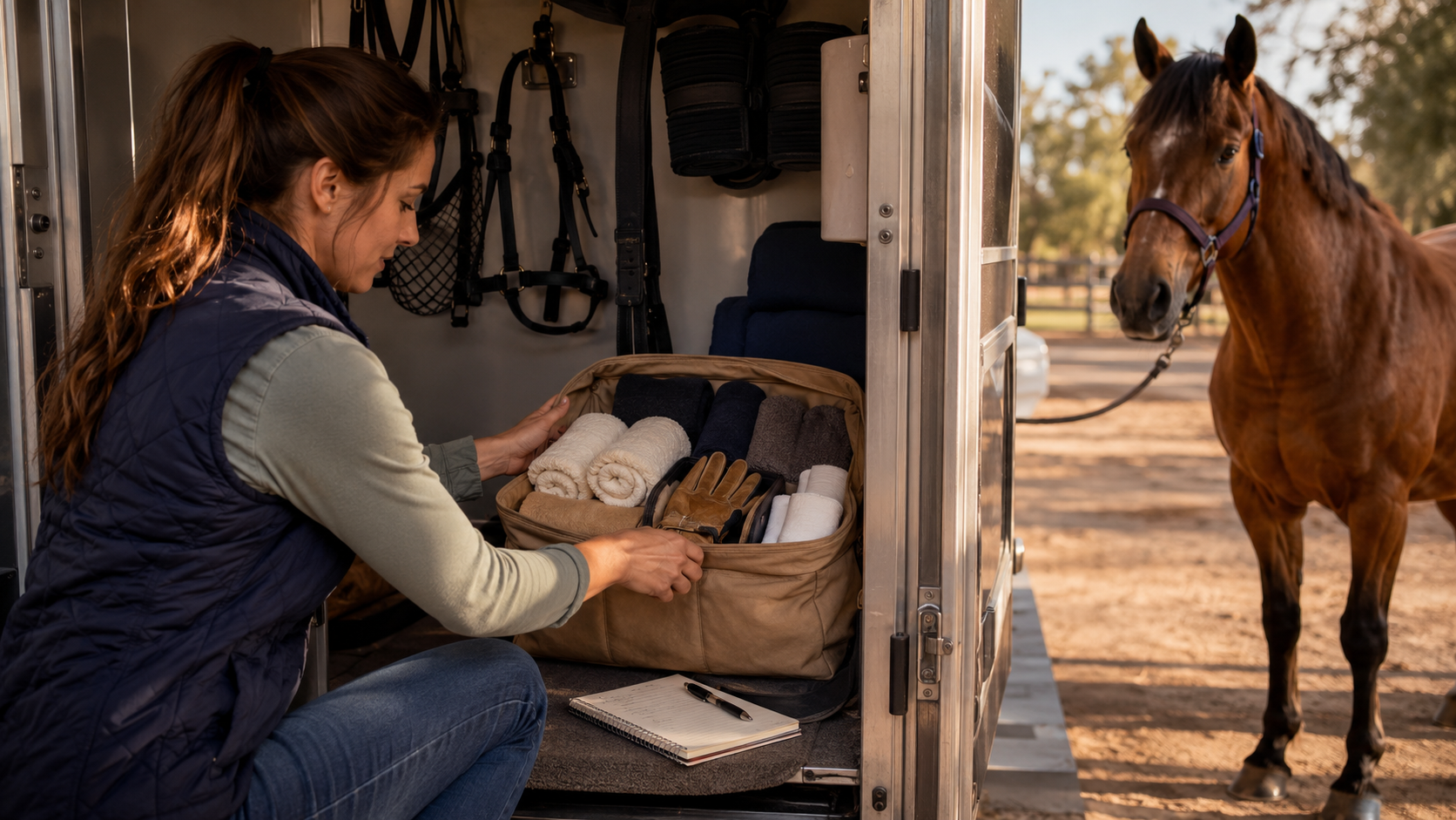 Horse owner organizing an unbranded care kit inside a trailer tack compartment