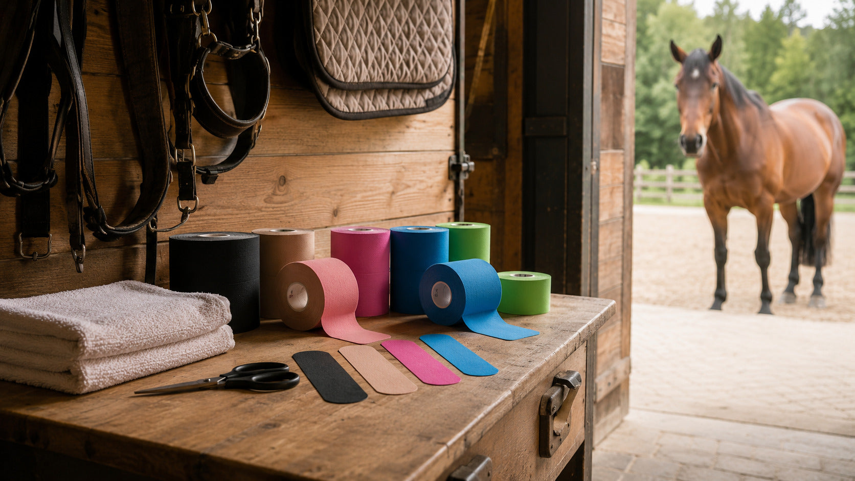 Unbranded kinesiology tape rolls arranged on a tack-room workbench