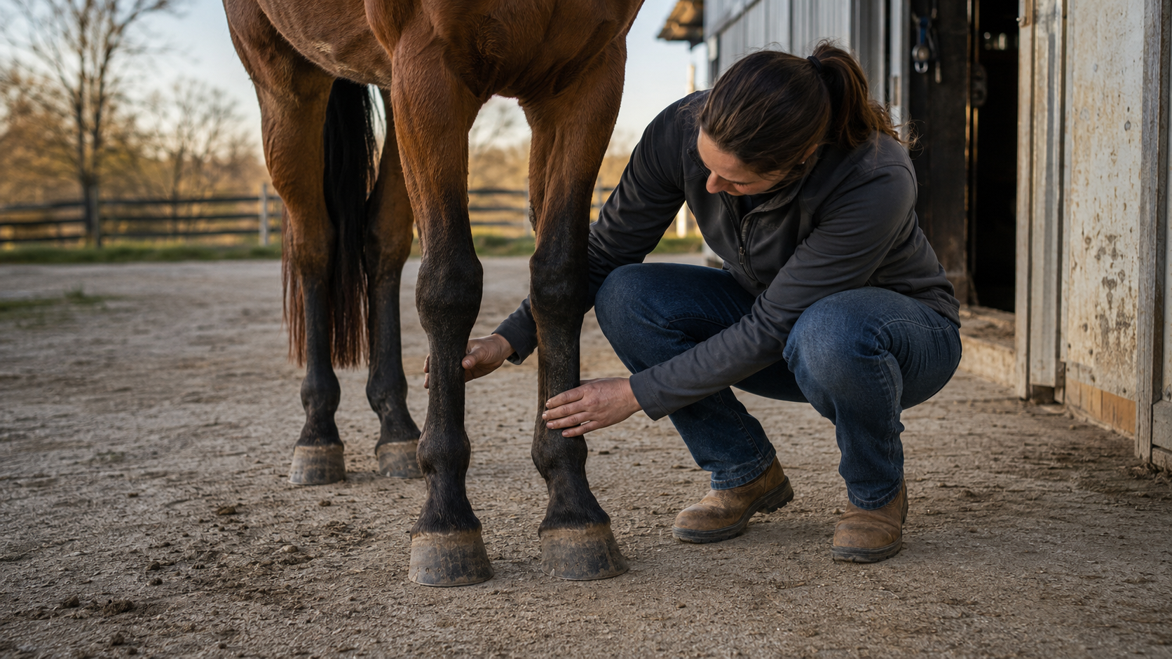 Horse owner comparing lower legs after work on hard ground