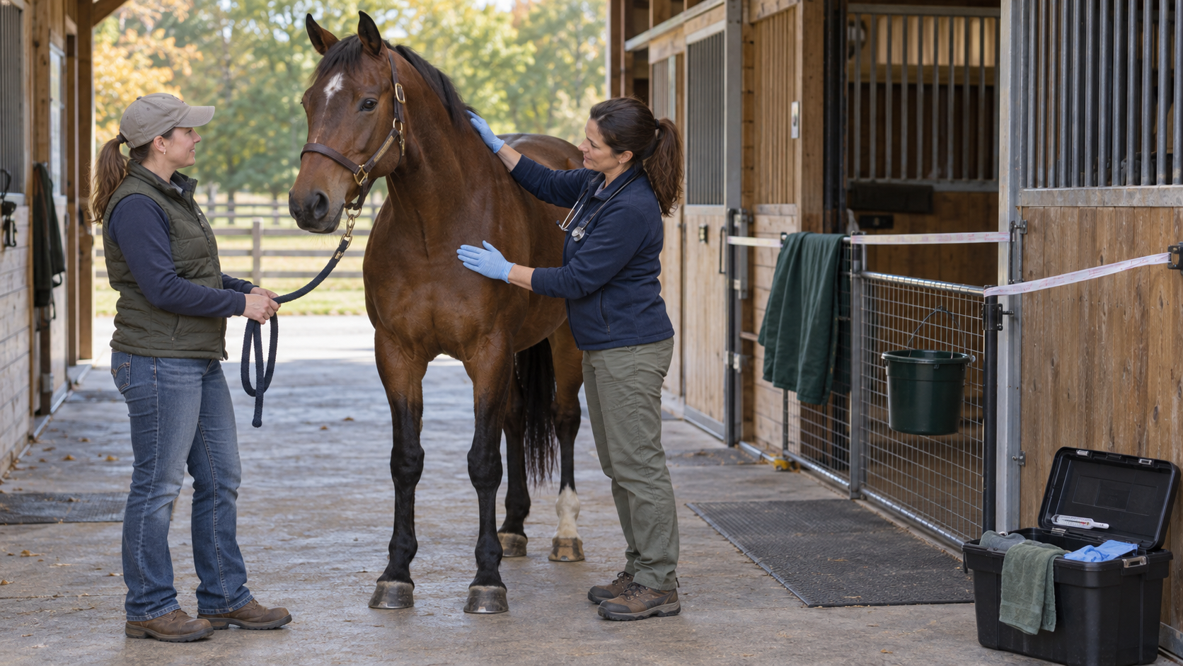 Veterinarian checks a horse while the owner holds the lead in a separated barn care area