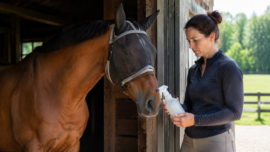 Horse standing calmly while a handler prepares fly spray outdoors
