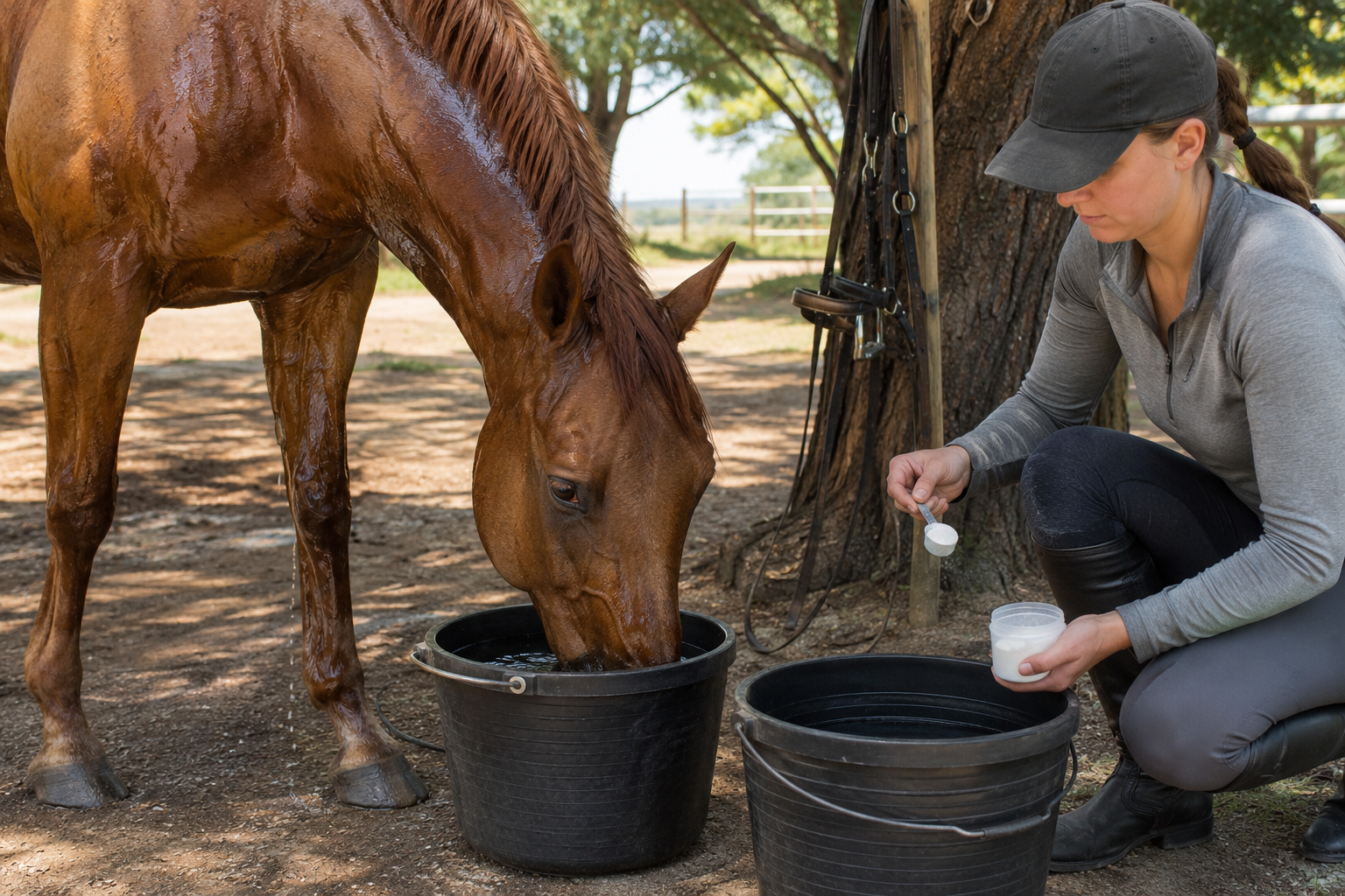 Horse drinking fresh water while an owner prepares an electrolyte serving