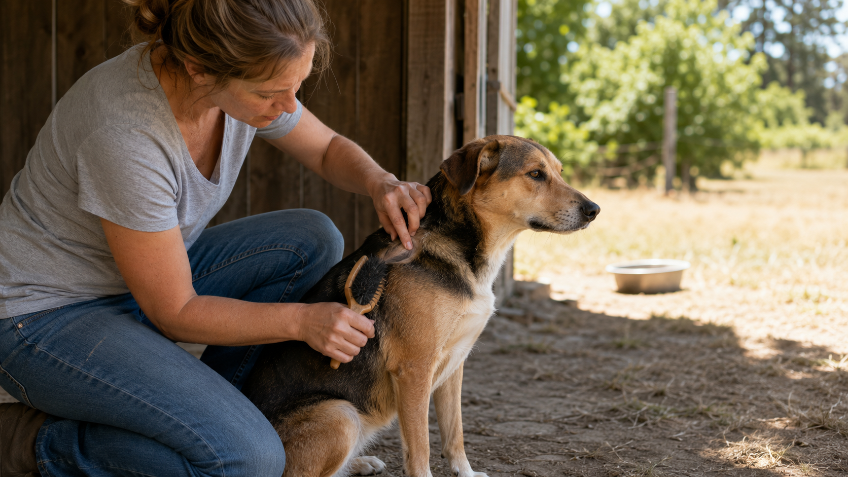 Owner brushing and checking an outdoor dog's summer coat