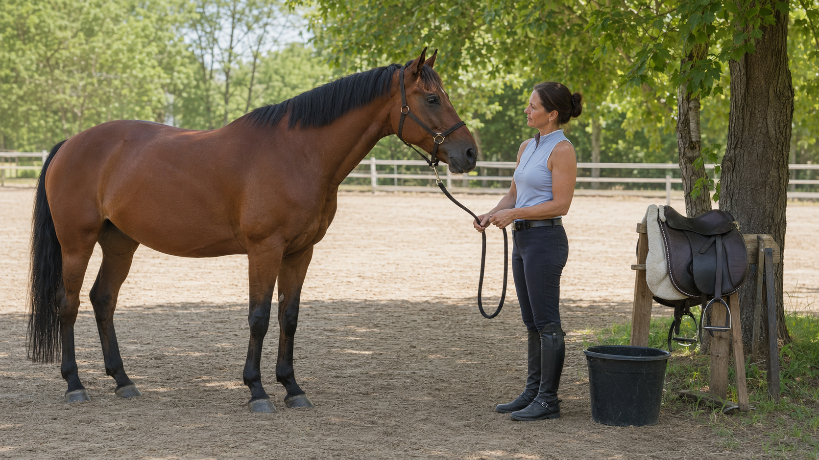 Rider observing a horse's posture and expression during a summer cool-down