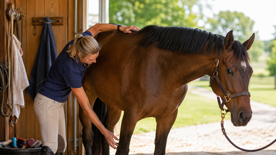 Owner checking a horse's skin and coat during summer barn care