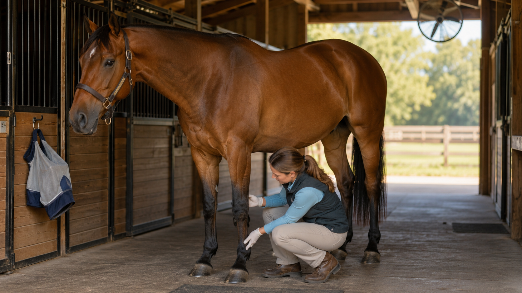 Horse owner wearing gloves while checking a horse’s lower leg during summer fly season