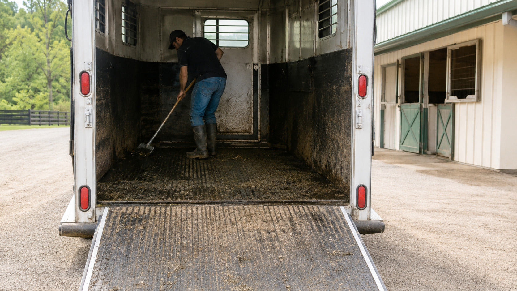 Barn worker cleaning an empty horse trailer floor and ramp with proper ventilation