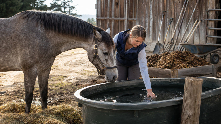 Horse owner checking a water tub in a responsibly managed barn