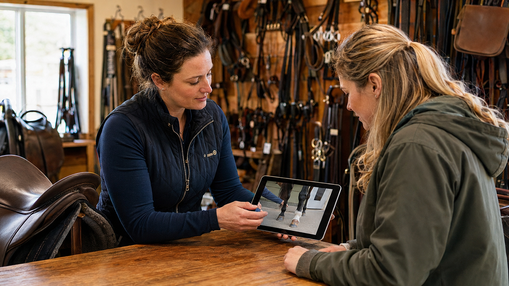 Tack shop employee sharing online horse-care education with a customer
