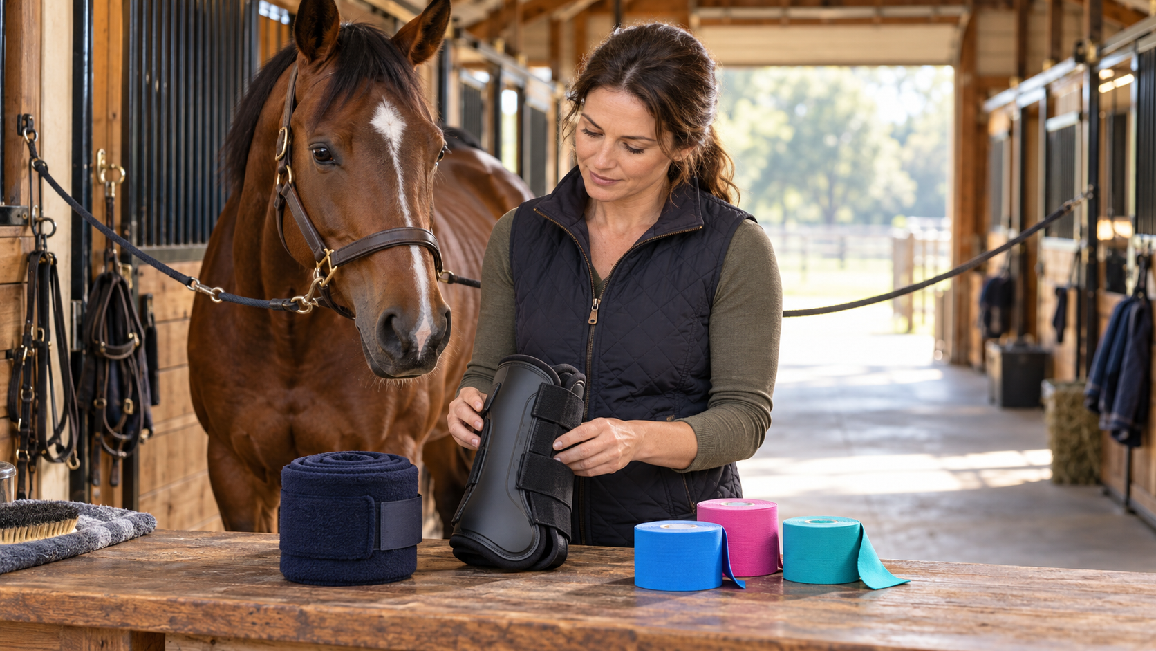 Horse owner comparing a polo wrap, protective boot, and equine kinesiology tape in a barn