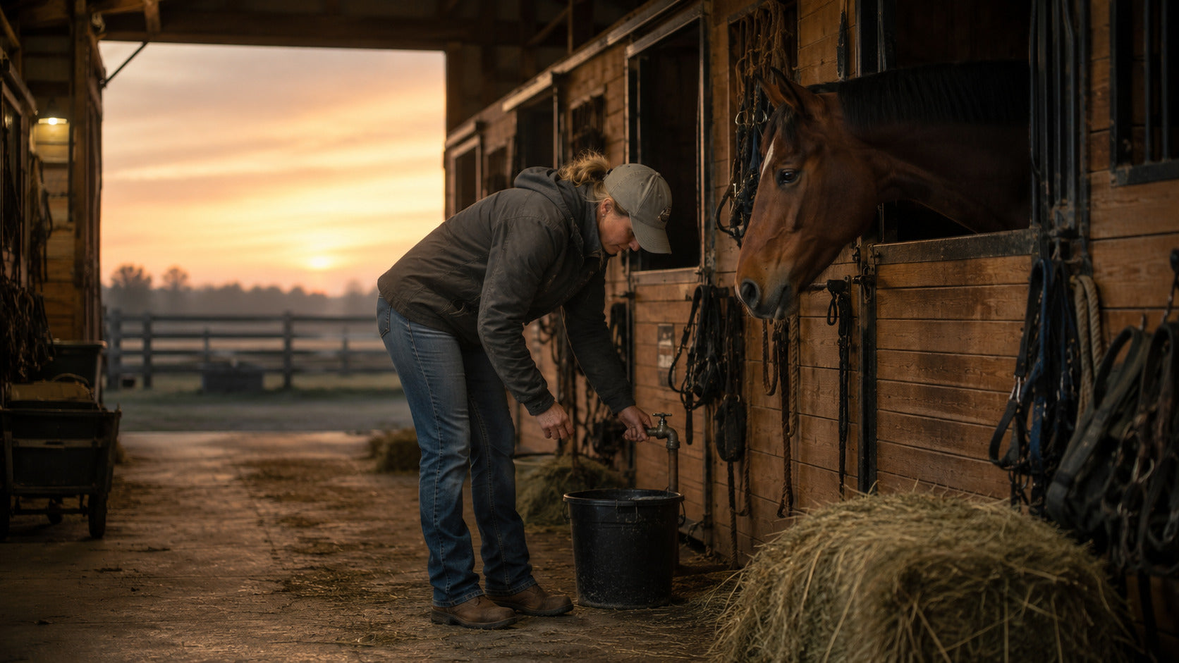 Horse owner completing a quiet dawn water check