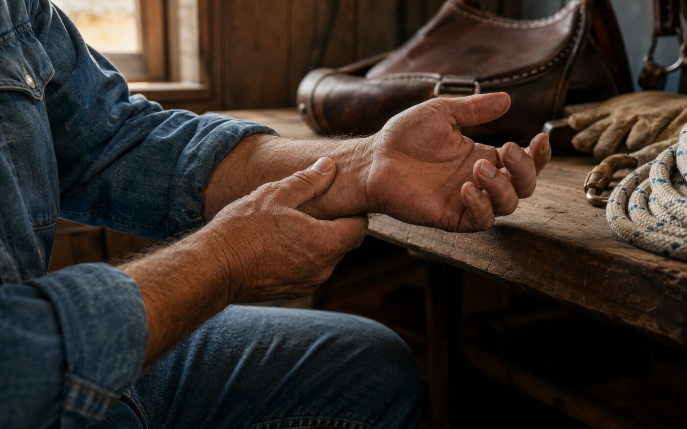 Ranch worker checking tired hands and wrists after barn work