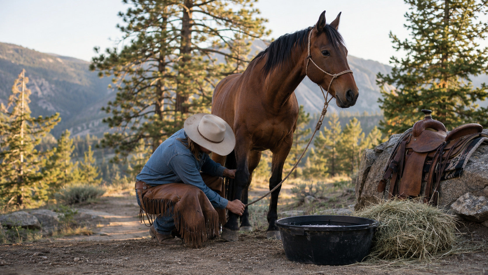 Western rider checking a trail horse's hoof and lower leg