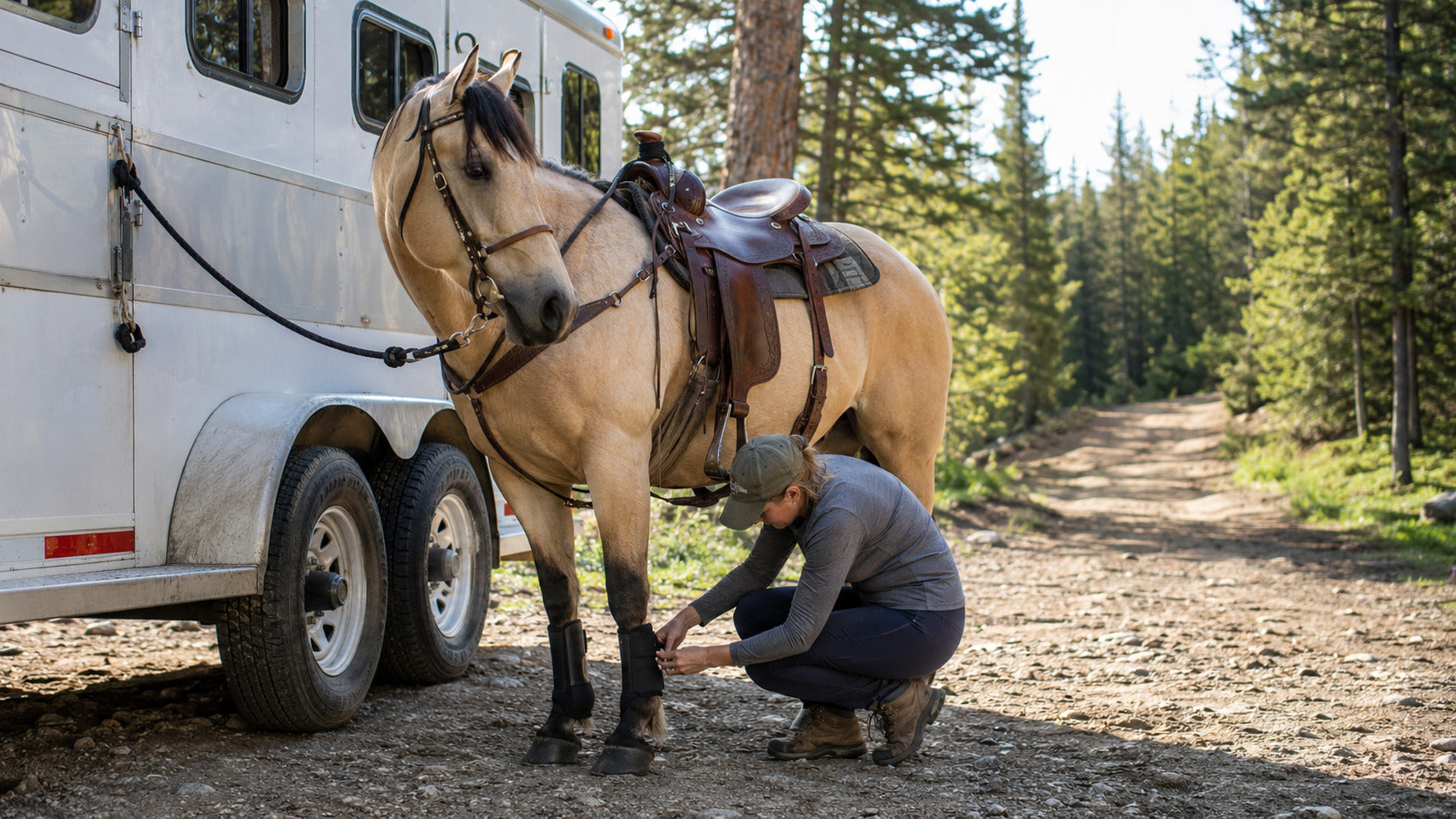 Rider checking protective boot fit at a trailhead