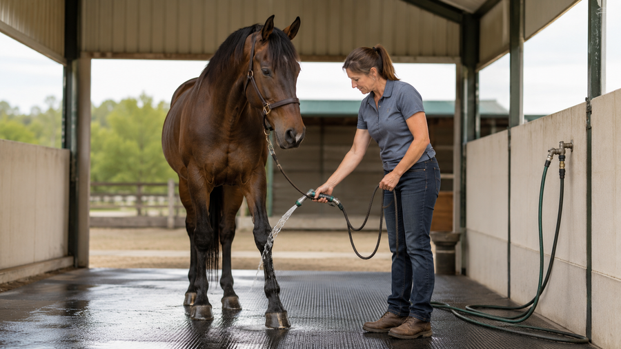 Handler calmly introducing water to a horse at the wash rack