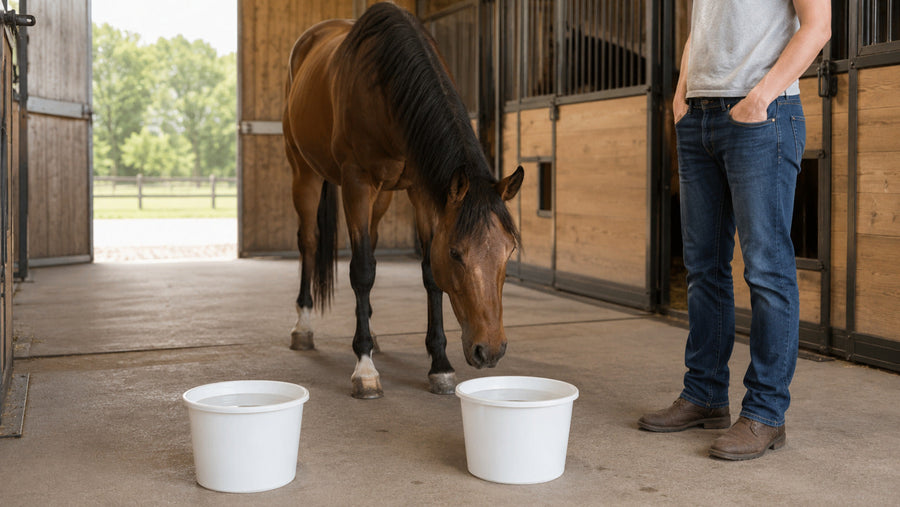 Horse choosing between two clean plain buckets during a supervised hydration check