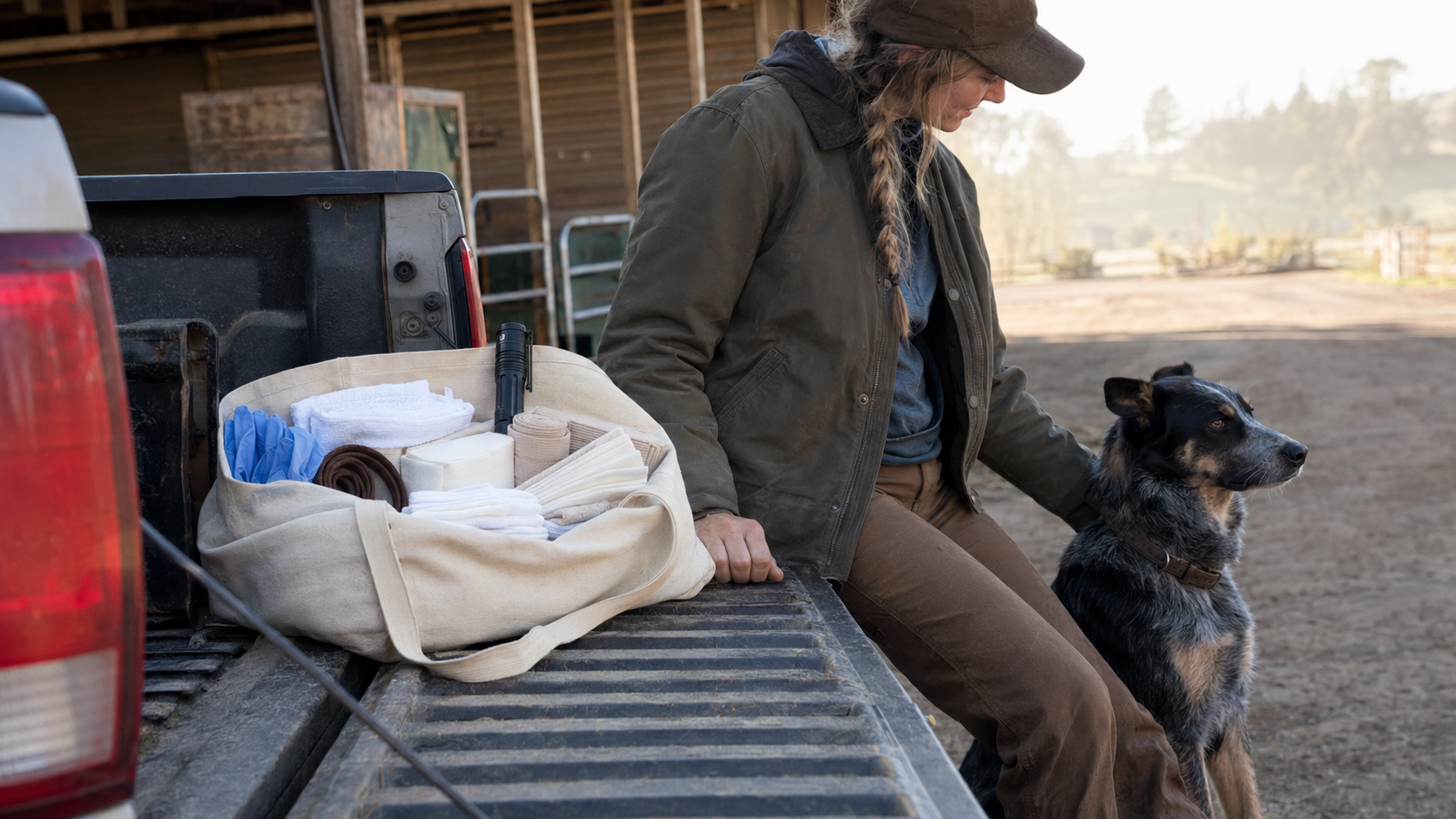 Unbranded dog first-aid supplies prepared for home, truck, and barn