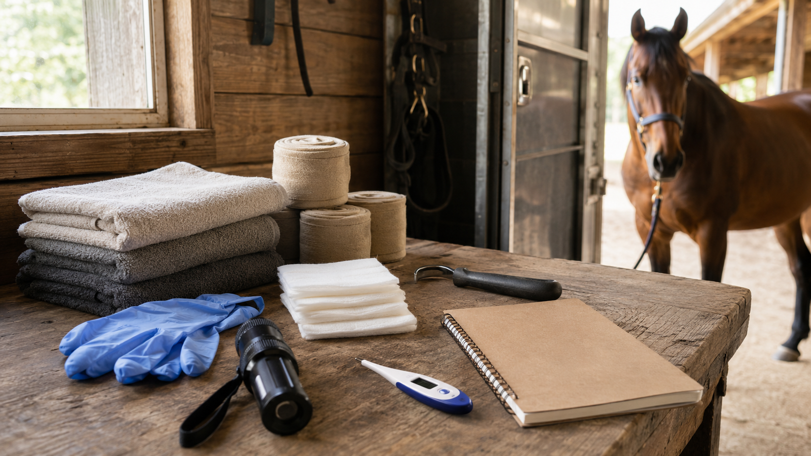 Unbranded horse recovery supplies organized in a tack room