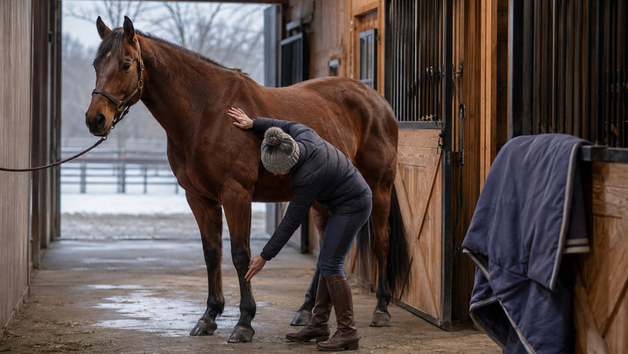Horse owner completing a gentle hands-on body check during late winter