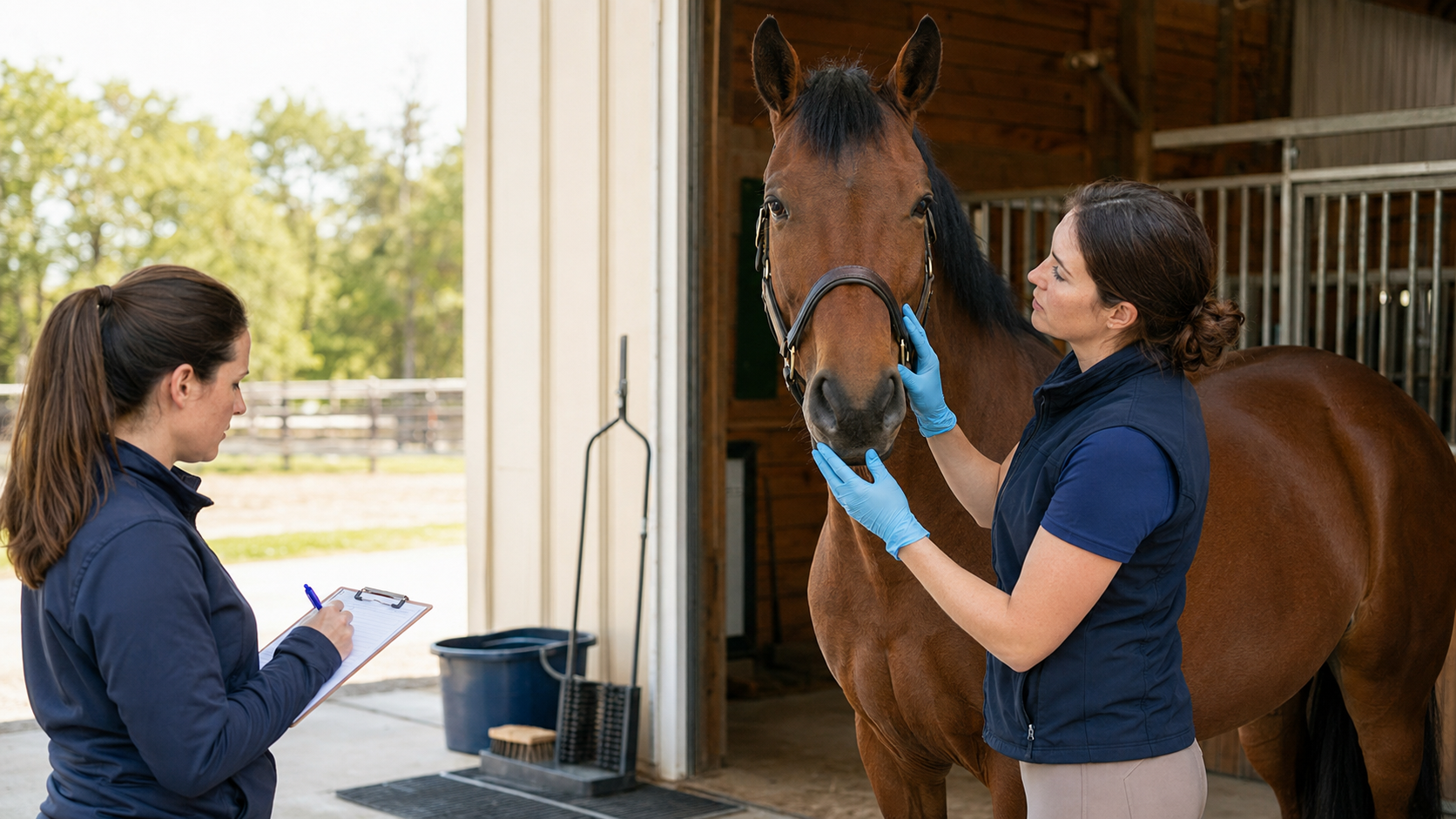 Horse owner wearing gloves while visually checking a horse’s muzzle