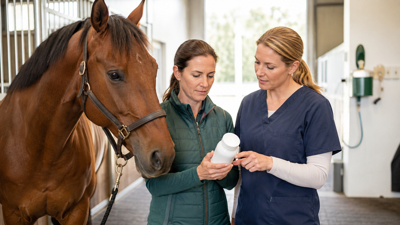Veterinarian and rider reviewing horse-care directions beside a horse
