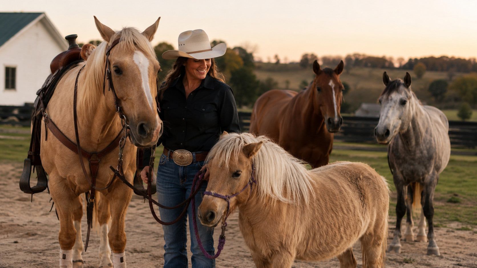 Western rider with a palomino horse, rescued pony, and therapy herd