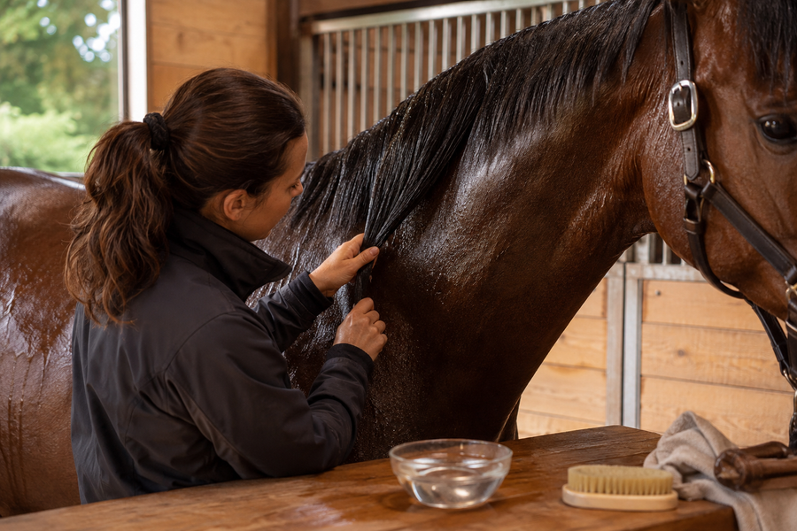Horse owner examining and grooming a horse's healthy mane and coat