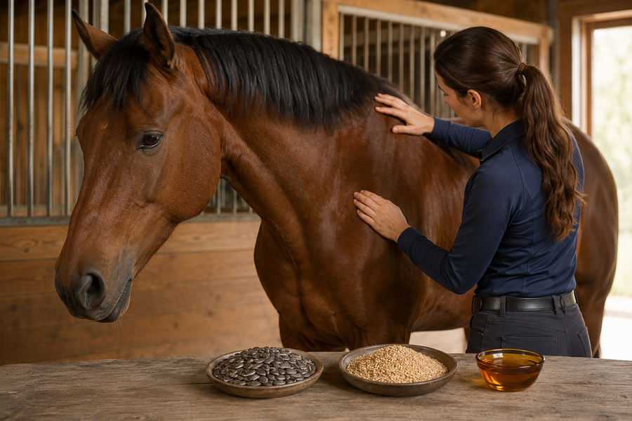 Horse owner inspecting a bay horse's skin and coat beside vitamin E ingredient cues