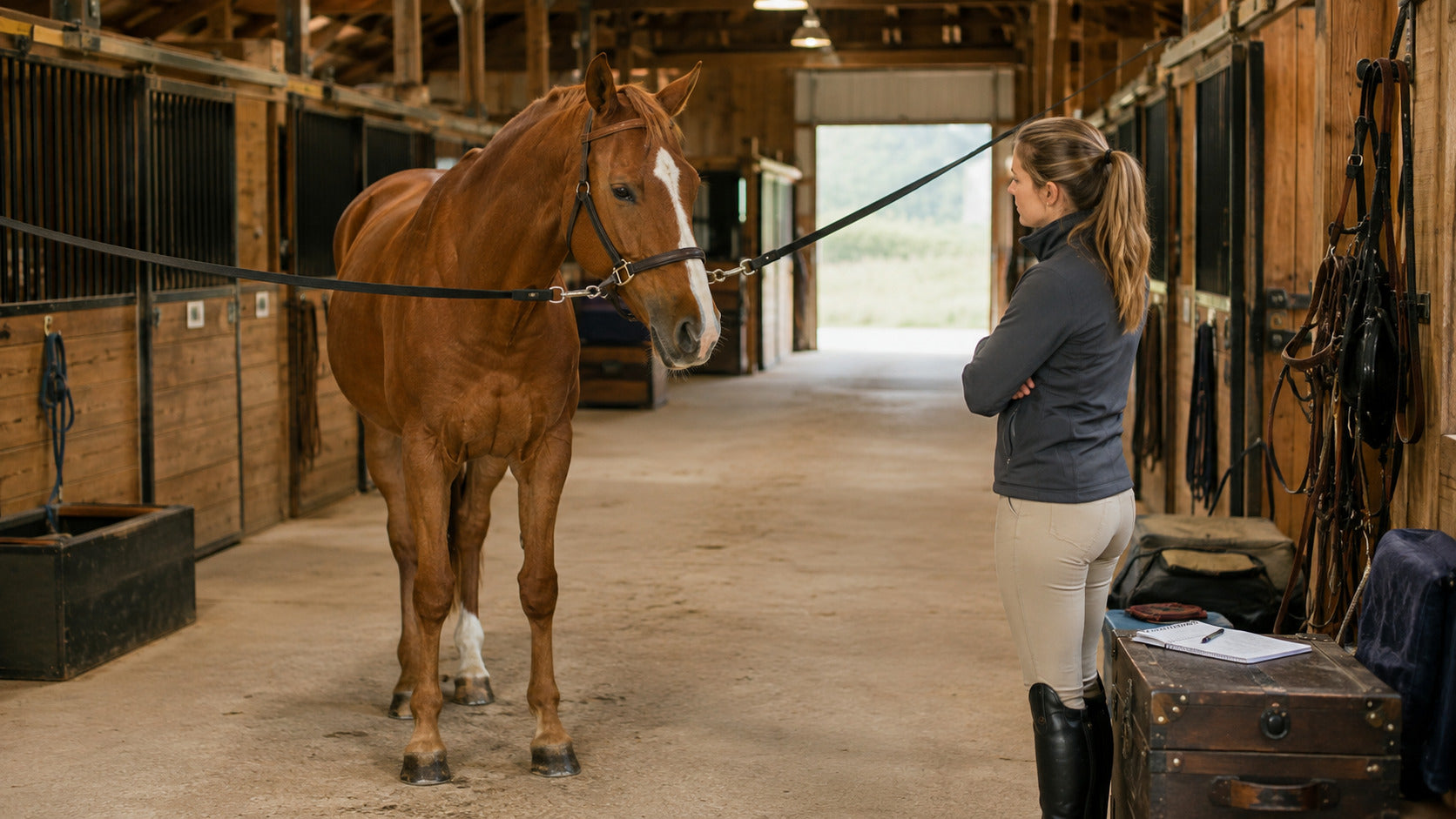 Rider observing a chestnut horse before making a care decision