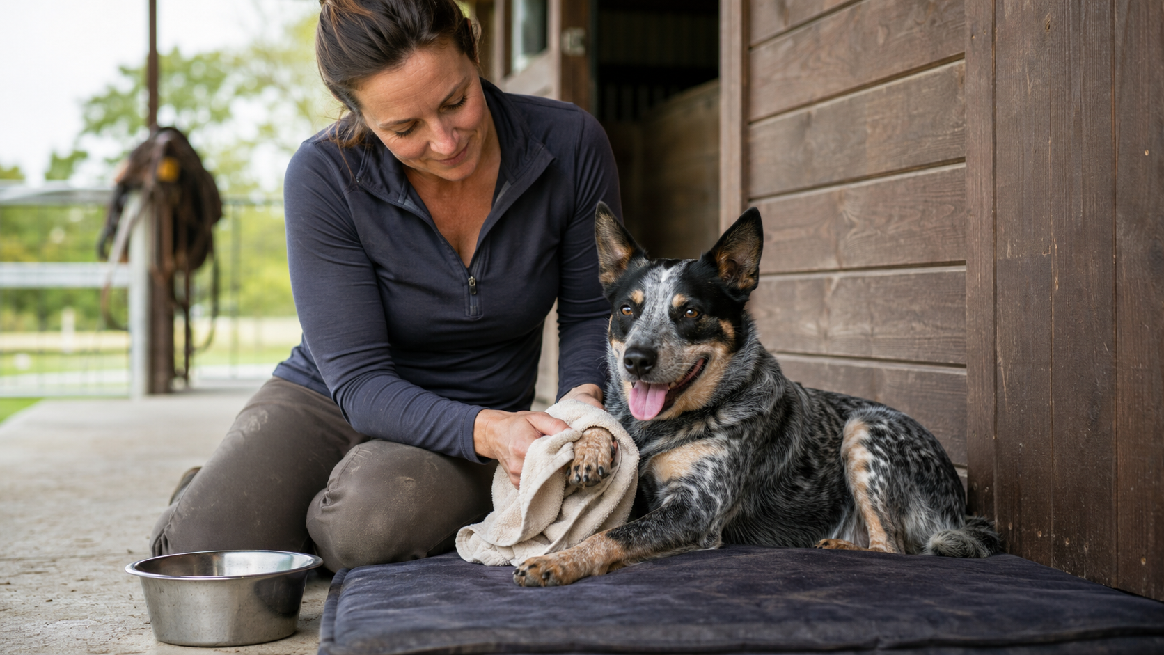 Owner gently cleaning an active cattle dog's paw during post-adventure recovery