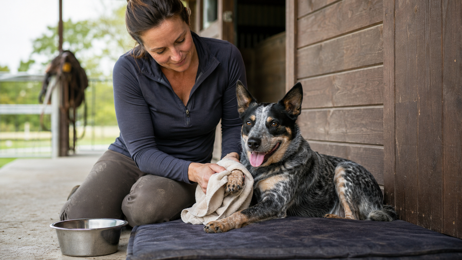 Owner gently cleaning an active cattle dog's paw during post-adventure recovery