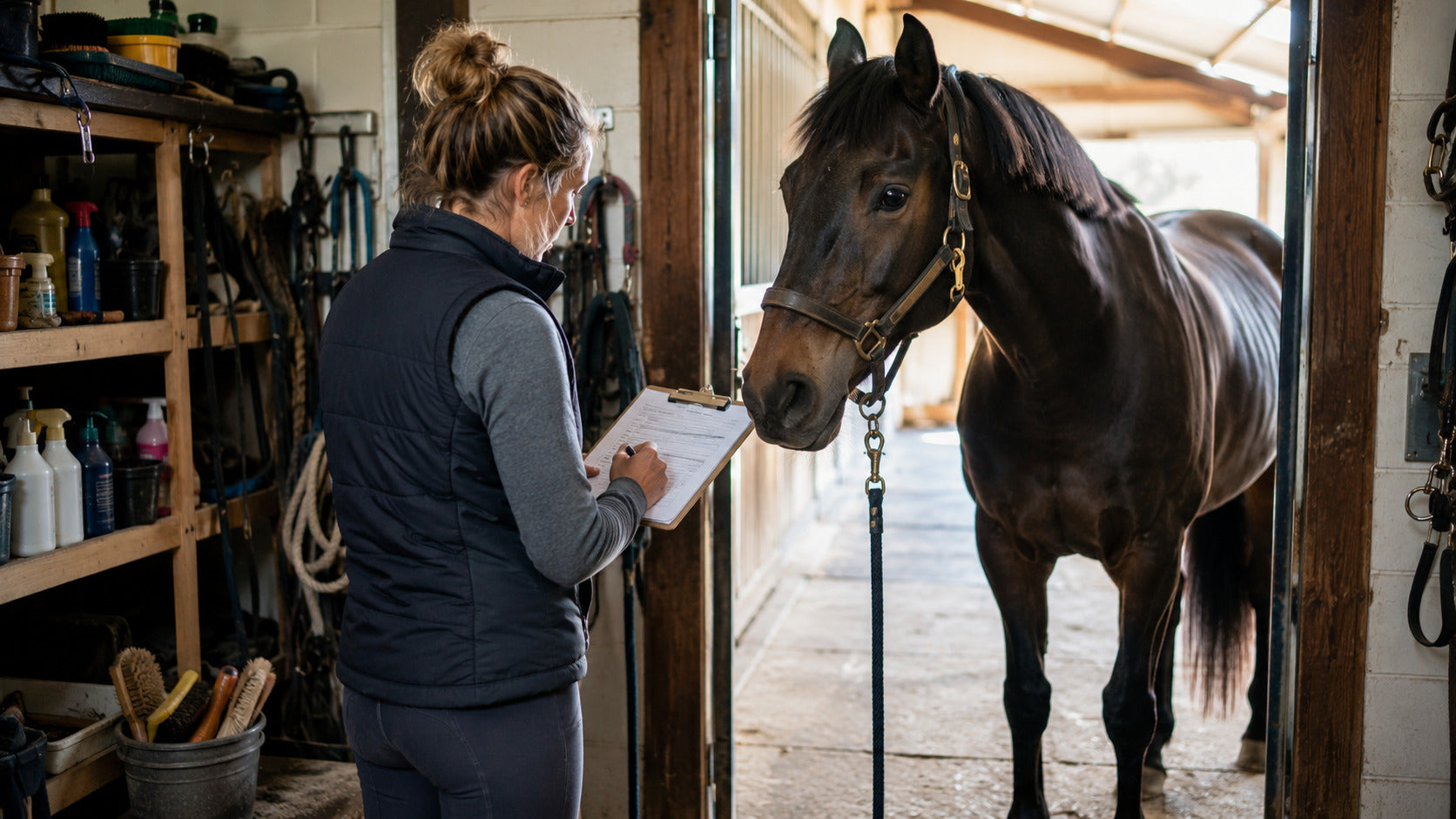 Horse owner marking a weekly care checklist on a barn clipboard
