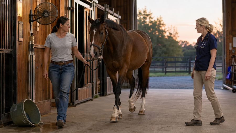 Horse owner leading a horse while a veterinarian observes its gait