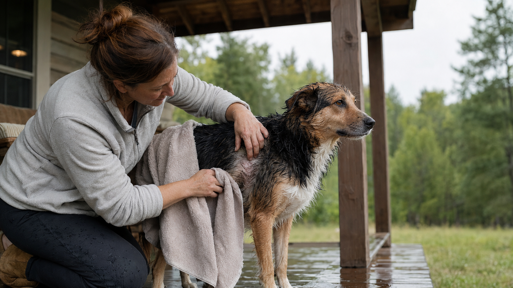 Owner towel-drying and checking a dog's wet coat