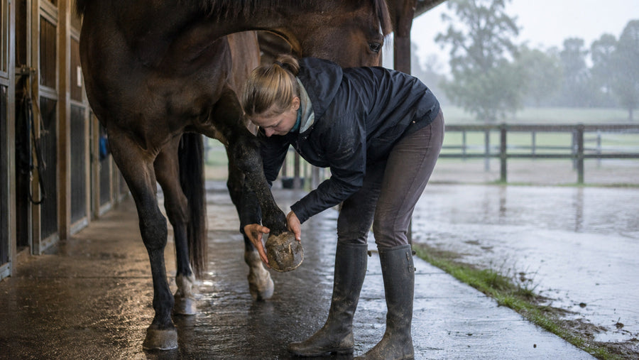 Horse owner checking hooves and lower legs after muddy turnout
