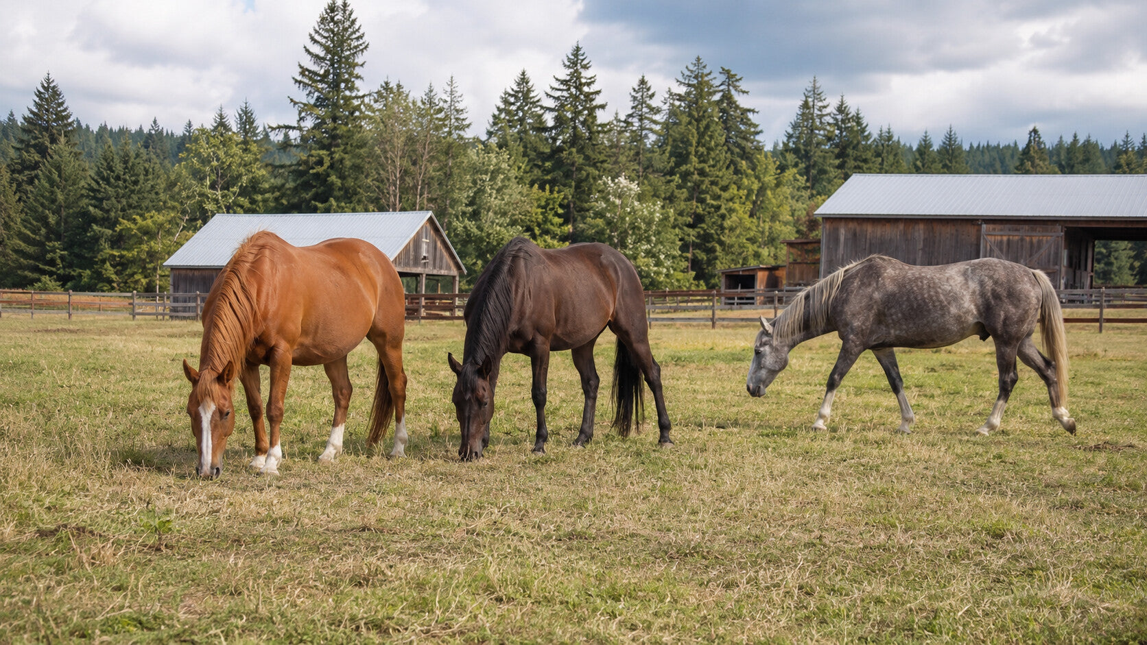 Small herd of horses grazing and moving together in open turnout