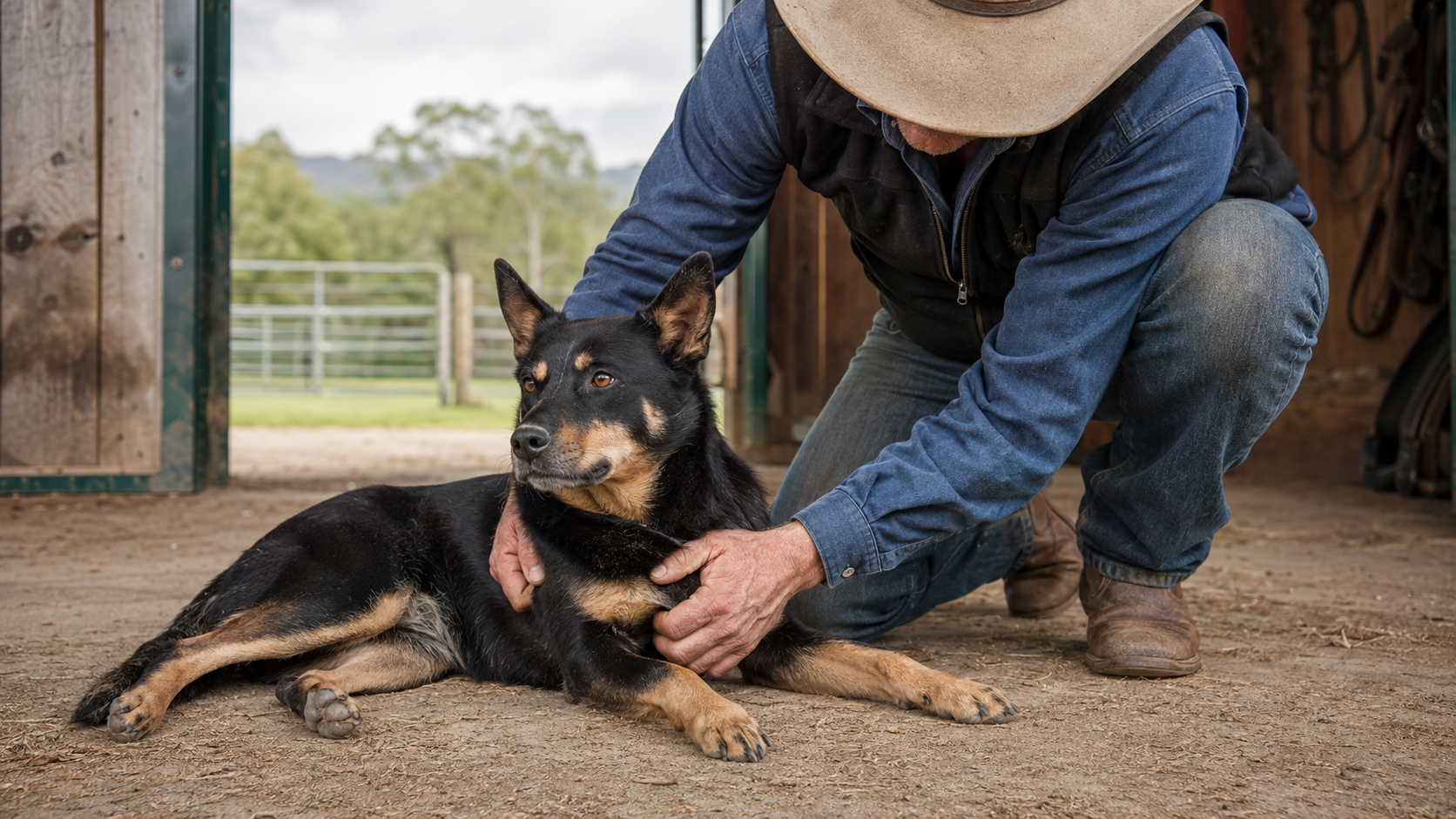 Ranch dog owner gently checking a dog's shoulder and front leg after activity.