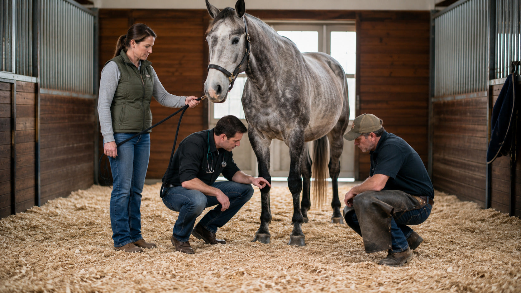 Veterinarian and farrier assessing a horse's front feet on deep bedding
