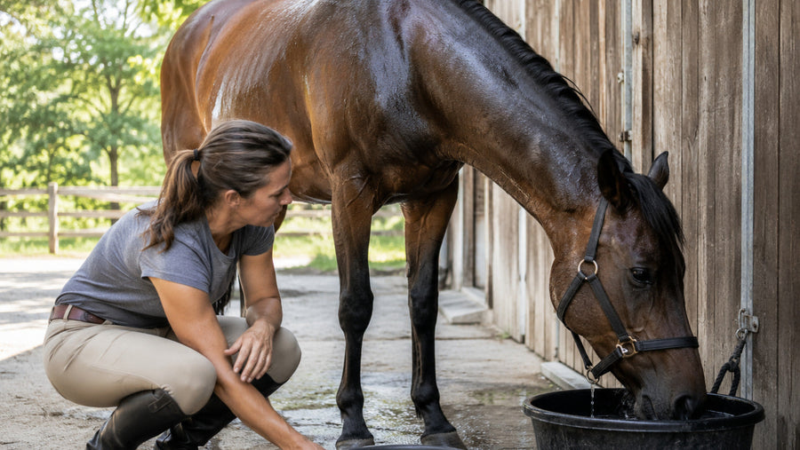 Horse cooling after travel while owner reviews water and workload notes