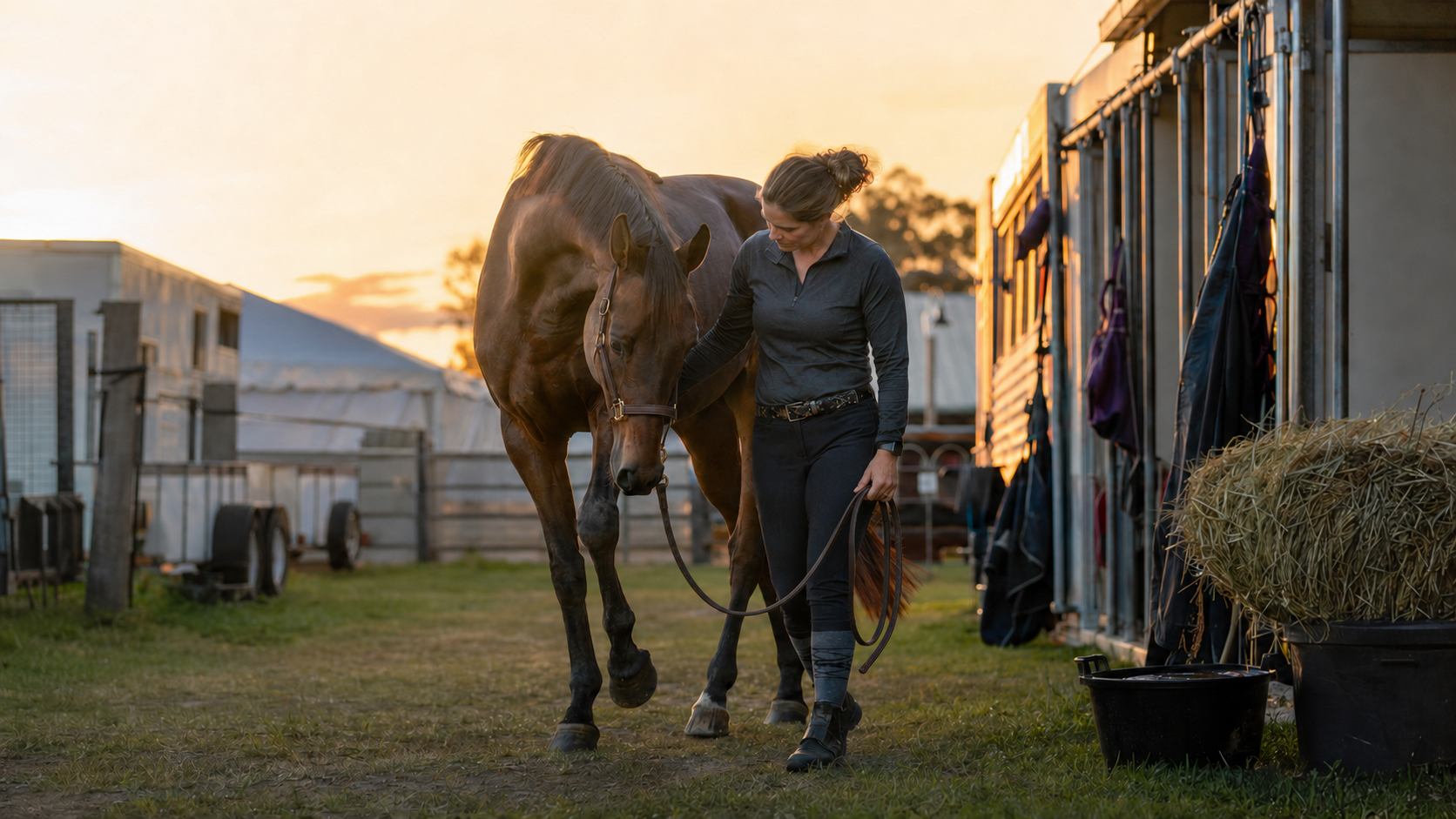 A rider calmly hand-walks a horse beside the barn while watching its posture and attitude.